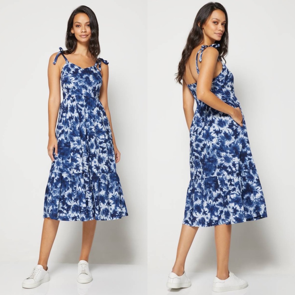 Gap A-Line V-Neck Linen Adjustable Straps MIDI Dress Tie Dye Blue/White 4 NEW